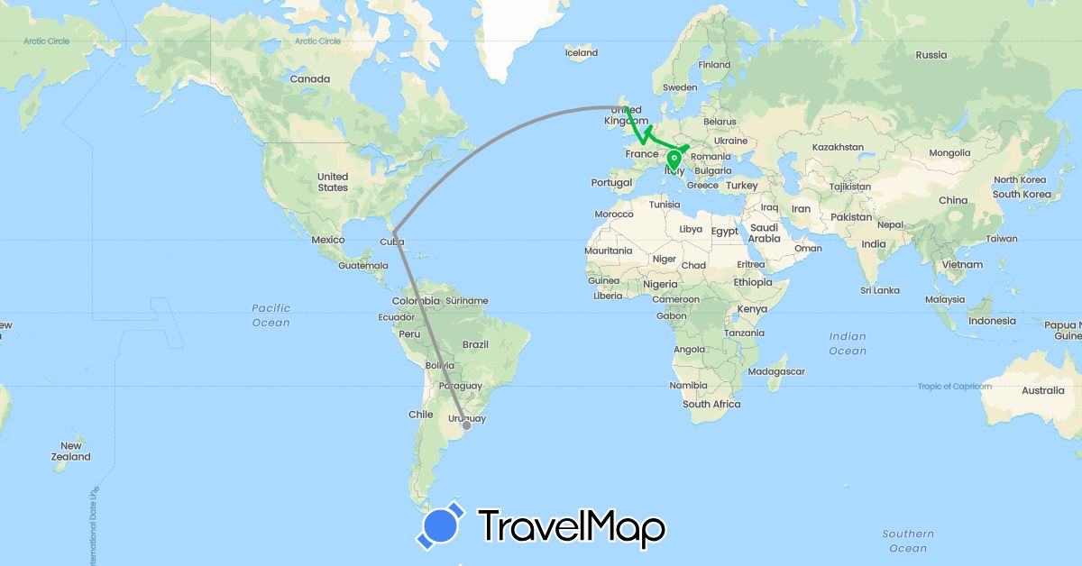 TravelMap itinerary: driving, bus, plane in Austria, Belgium, Germany, France, United Kingdom, Italy, Luxembourg, Netherlands, Slovakia, United States, Uruguay (Europe, North America, South America)